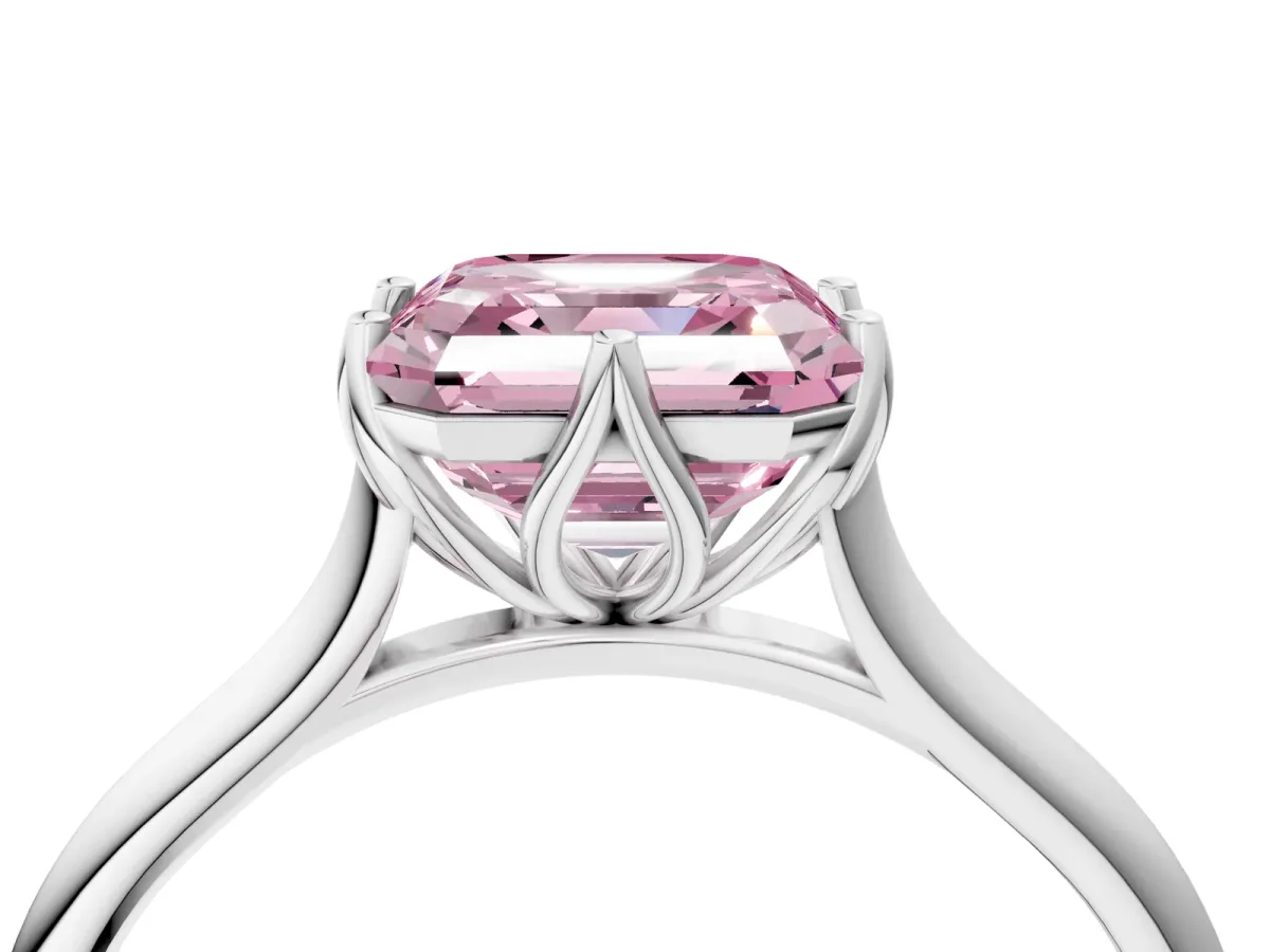 Fancy Pink Asscher Cut Solitaire Cathedral Diamond Ring with Six-Prong Setting Platinum