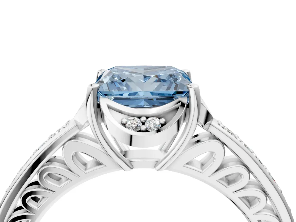 Fancy Blue Princess Cut Cut Halo Diamond Ring with Channel Set Band and Four-Prong Setting White gold