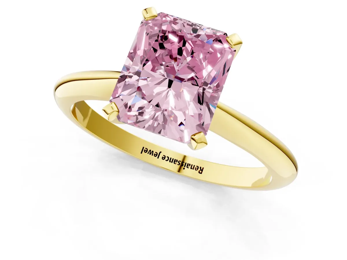 Fancy Pink Radiant Cut Diamond Solitaire Engagement Ring with Classic Band and Four-Prong Setting Yellow gold