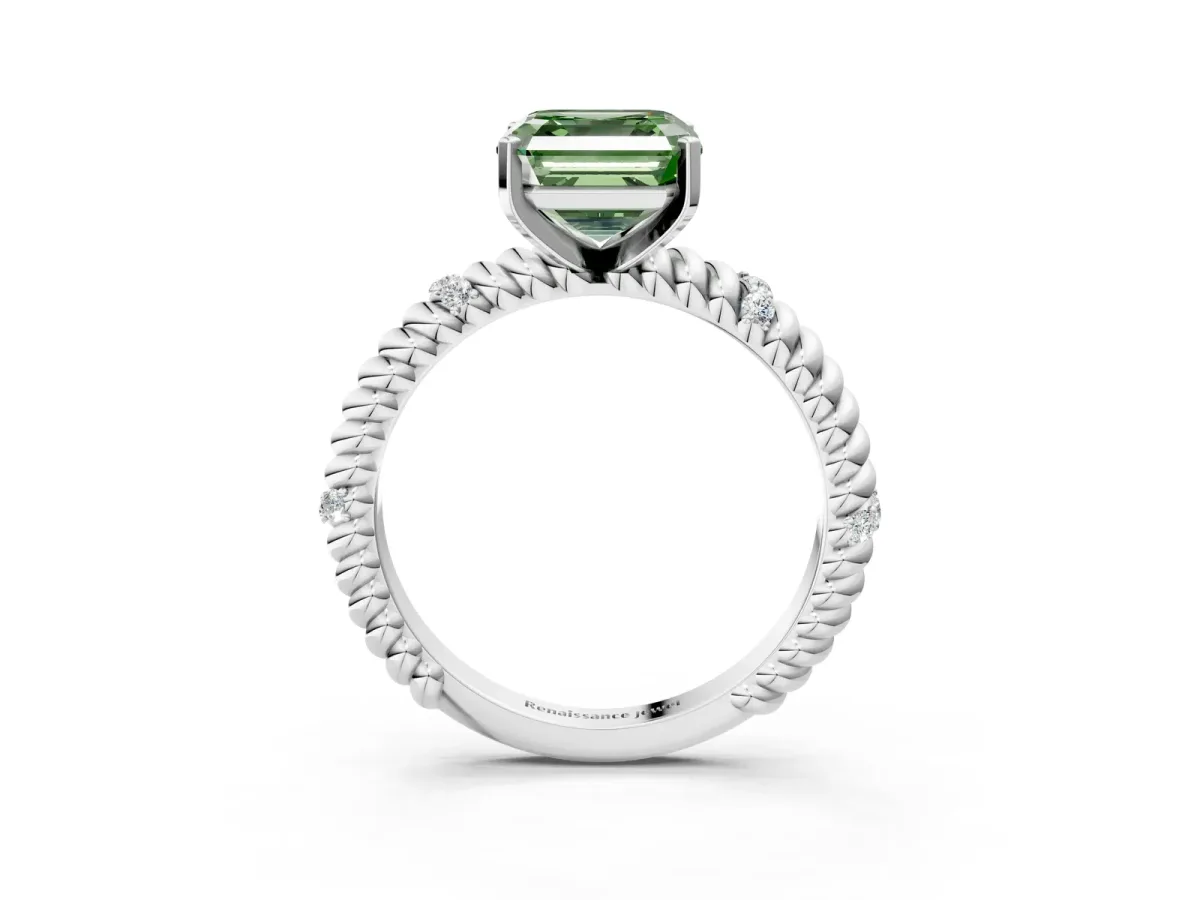 Fancy Green Asscher Cut Solitaire Twisted Band Prong Set Engagement Ring Silver