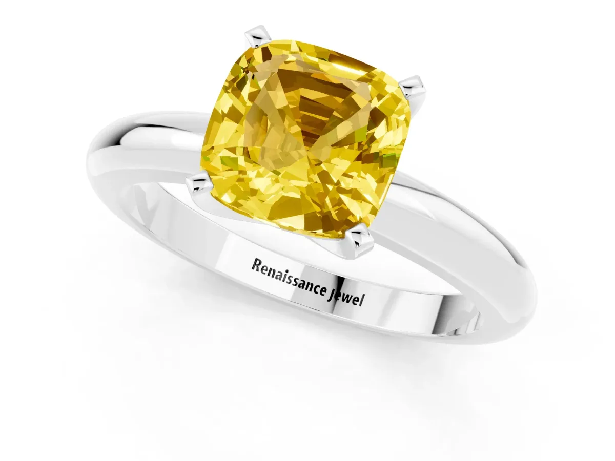 Cushion Cut Yellow Sapphire Solitaire Engagement Ring with Round Band and Four-Prong Setting White gold
