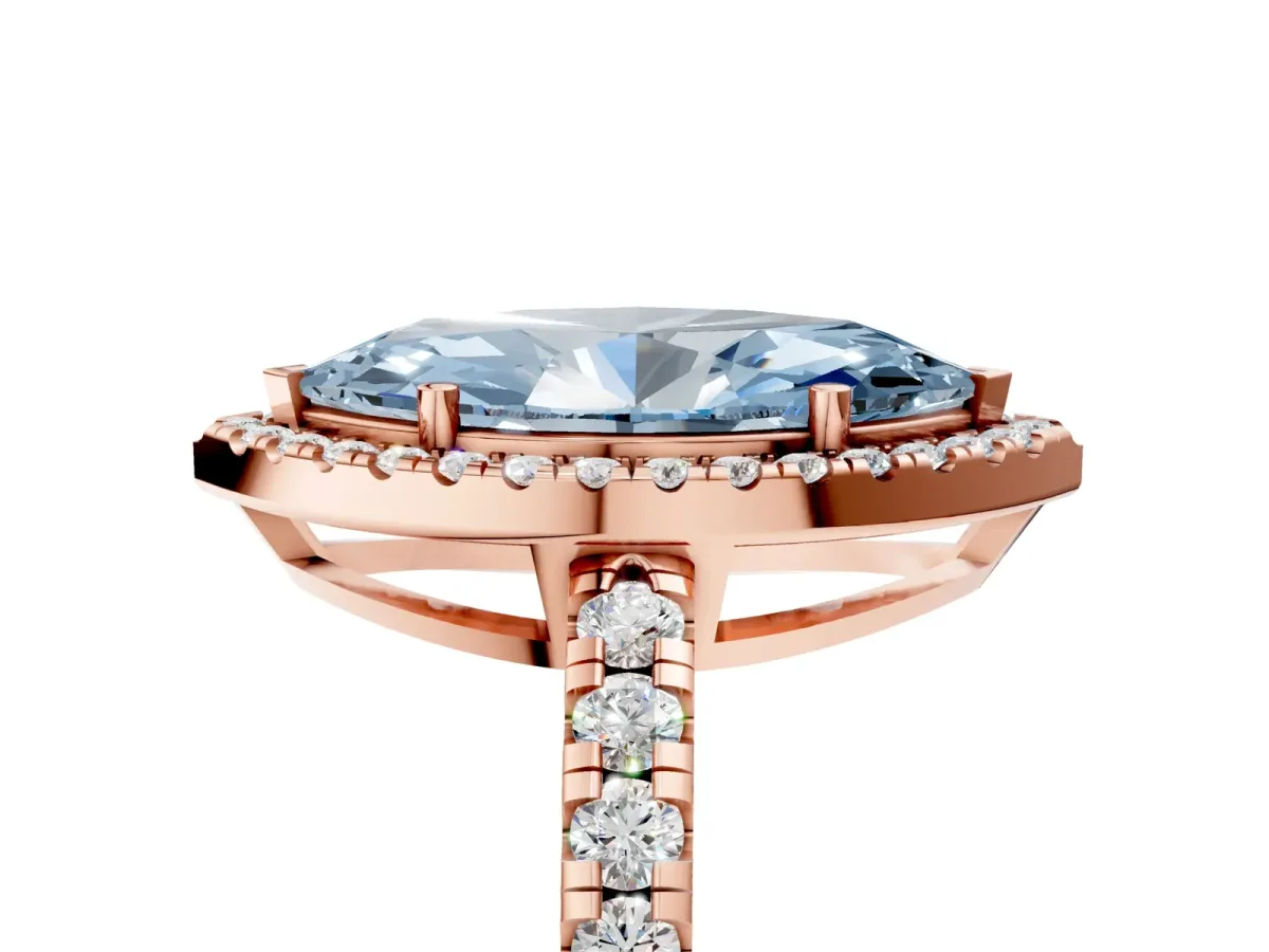 Fancy Blue Marquise Cut Diamond Halo Ring with Pavé Band and Four-Prong Setting Rose gold