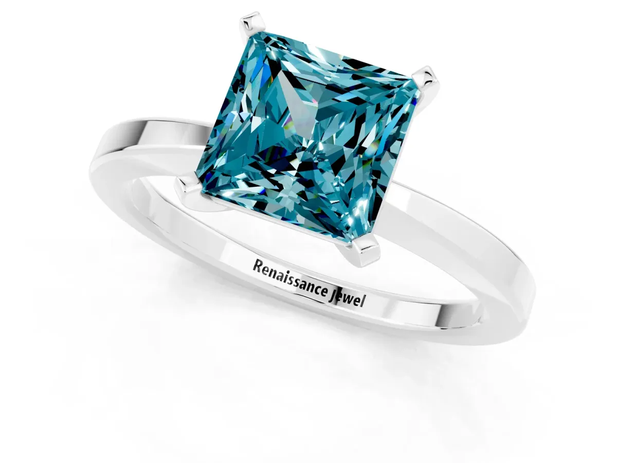 Princess Cut Blue Topaz Solitaire Engagement Ring with Classic Band and Four-Prong Setting White gold