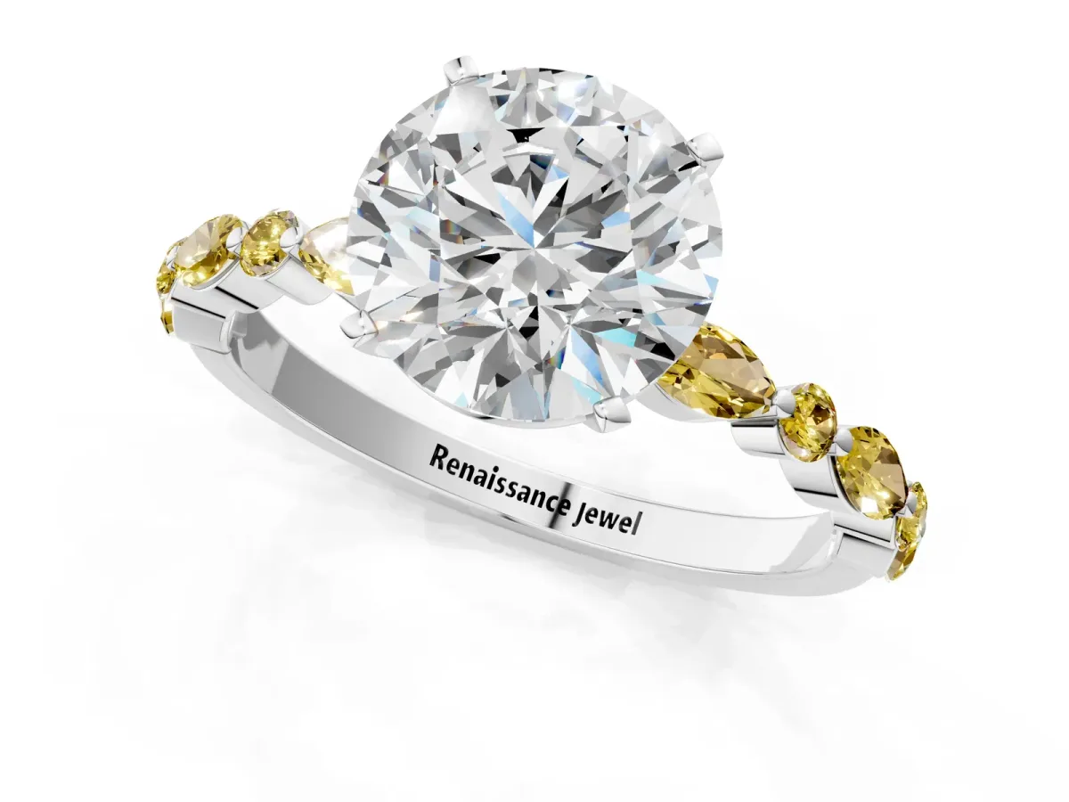 Round Cut Diamond Ring with Marquise and Round Yellow Sapphire Side Stones and Four-Prong Setting Platinum