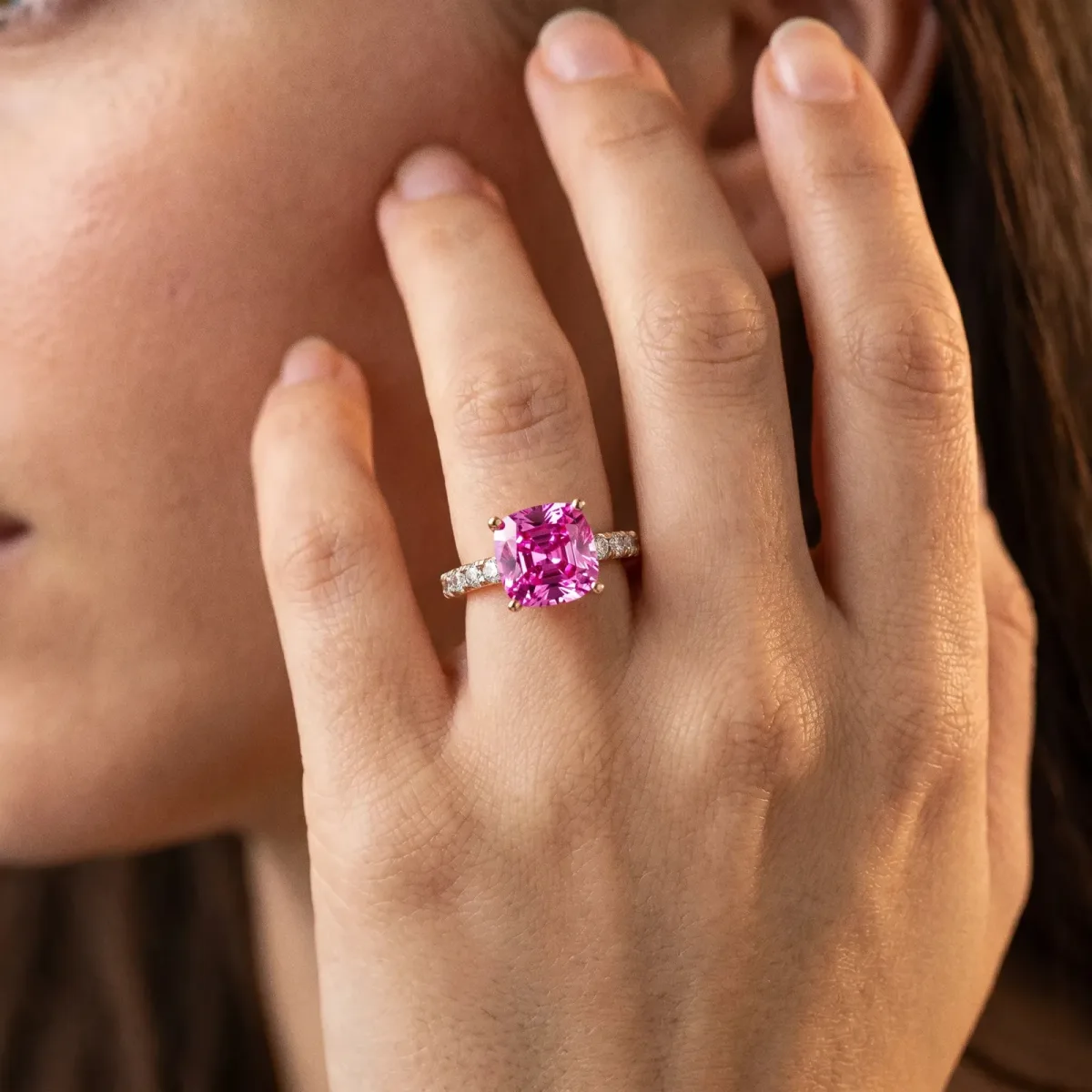 Cushion Cut Pink Sapphire Solitaire Ring with Round Pavé Band and Four-Prong Setting Rose gold
