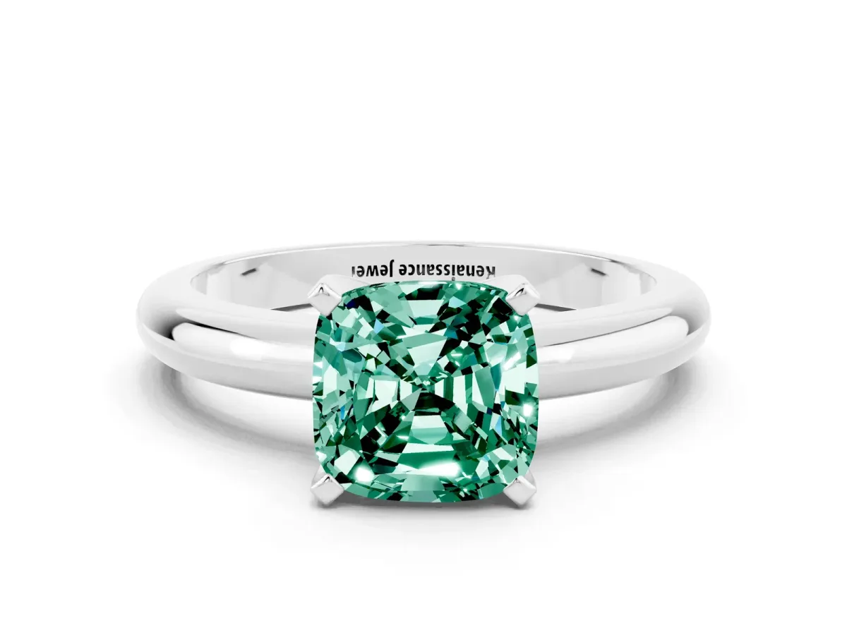 Cushion Cut Green Sapphire Solitaire Engagement Ring with Round Band and Four-Prong Setting White gold