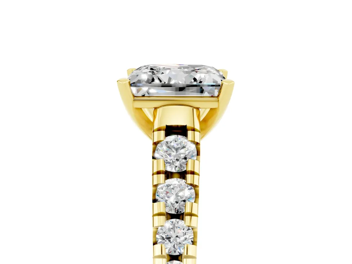 Princess Cut Moissanite Cathedral Solitaire Ring with Round Pavé Band Yellow gold