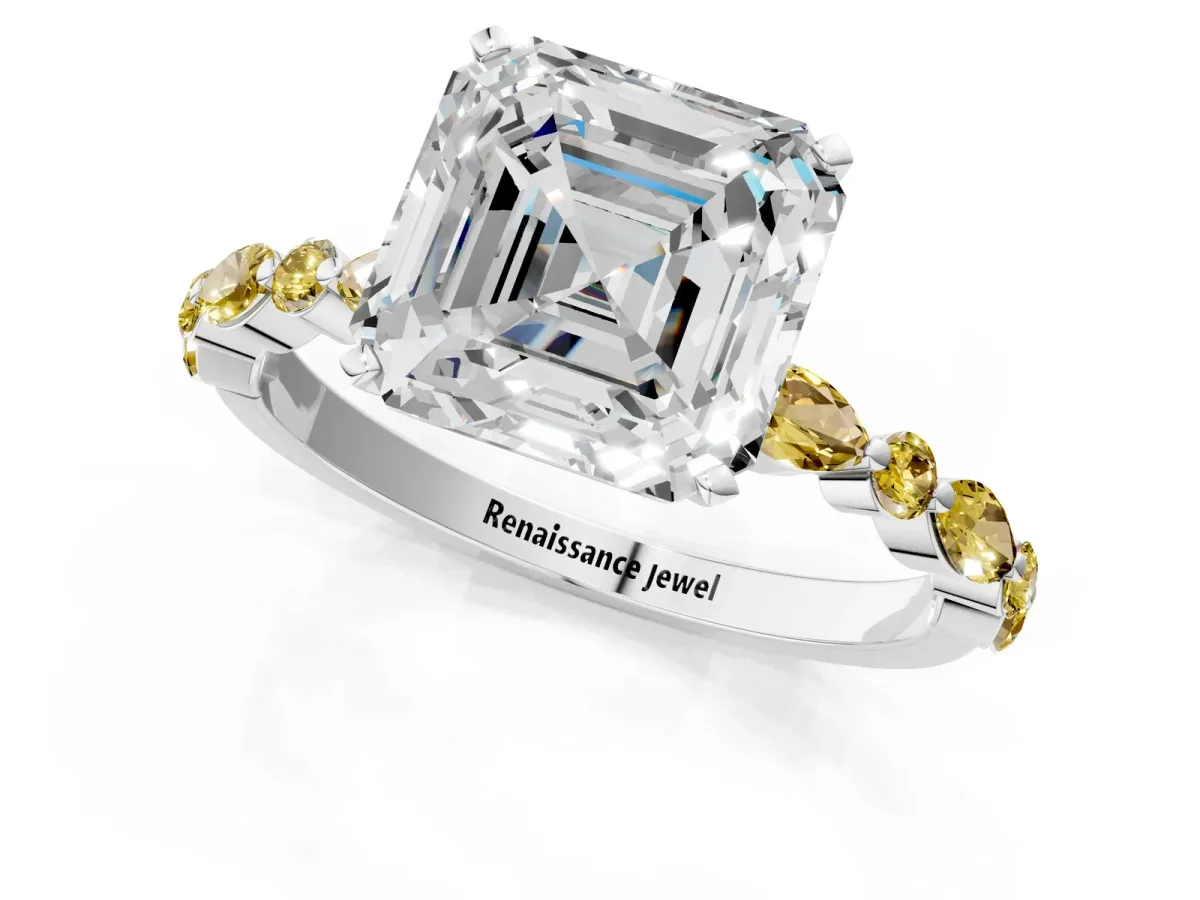 Asscher Cut Diamond Ring with Marquise and Round Yellow Sapphire Side Stones and Four-Prong Setting White gold