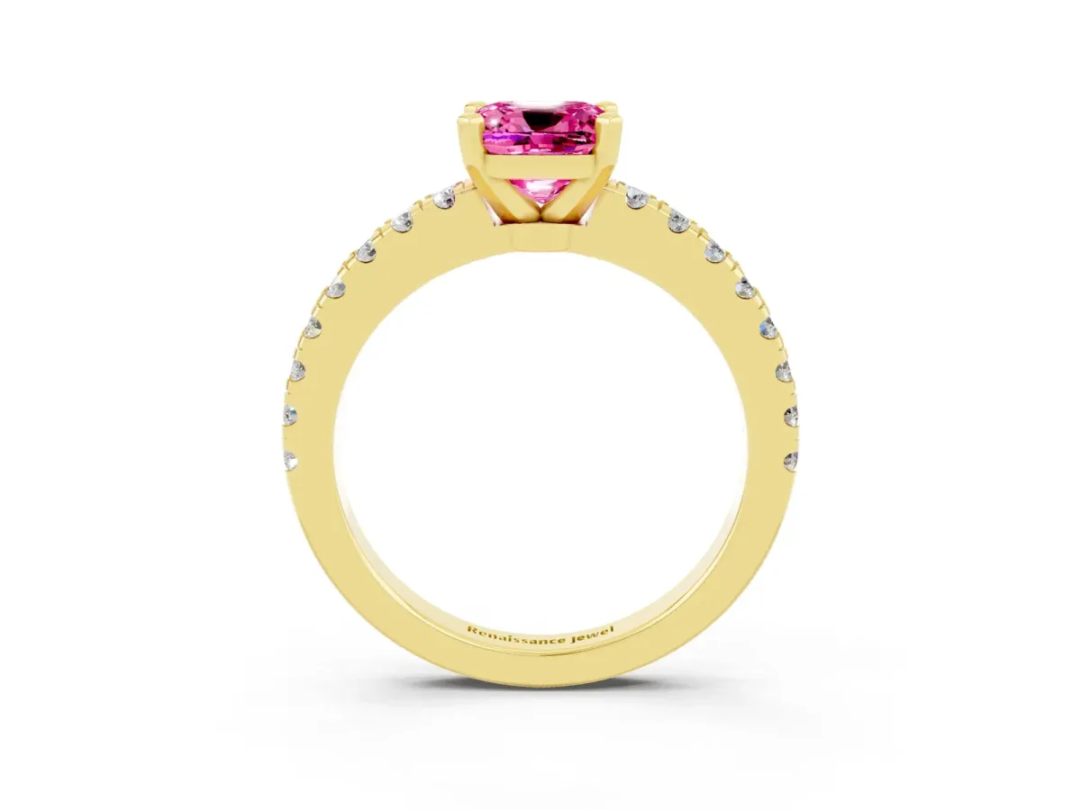 Cushion Cut Solitaire Pink Sapphire with Pavé Band and Four-Prong Setting Yellow gold