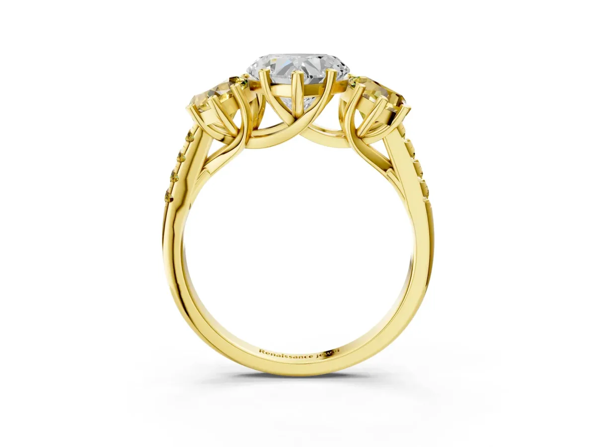 Three-Stone Heart Cut Diamond Ring with Round Yellow Sapphire Pavé Band and Prong Setting Yellow gold