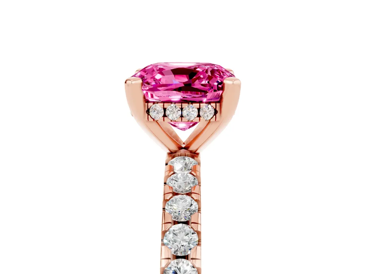 Cushion Cut Pink Sapphire Solitaire Ring with Round Pavé Band and Four-Prong Setting Rose gold