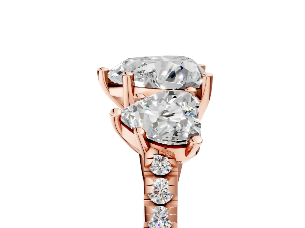 Three-Stone Heart Cut Diamond Ring with Round Moissanite Pavé Band and Prong Setting Rose gold