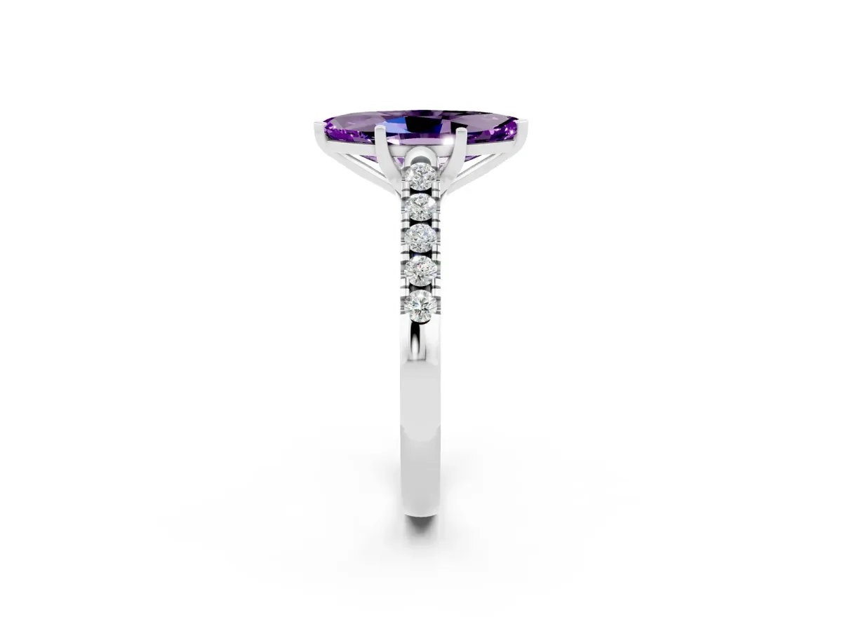 Marquise Cut Amethyst Pavé Band Solitaire Ring with Prong Setting Silver