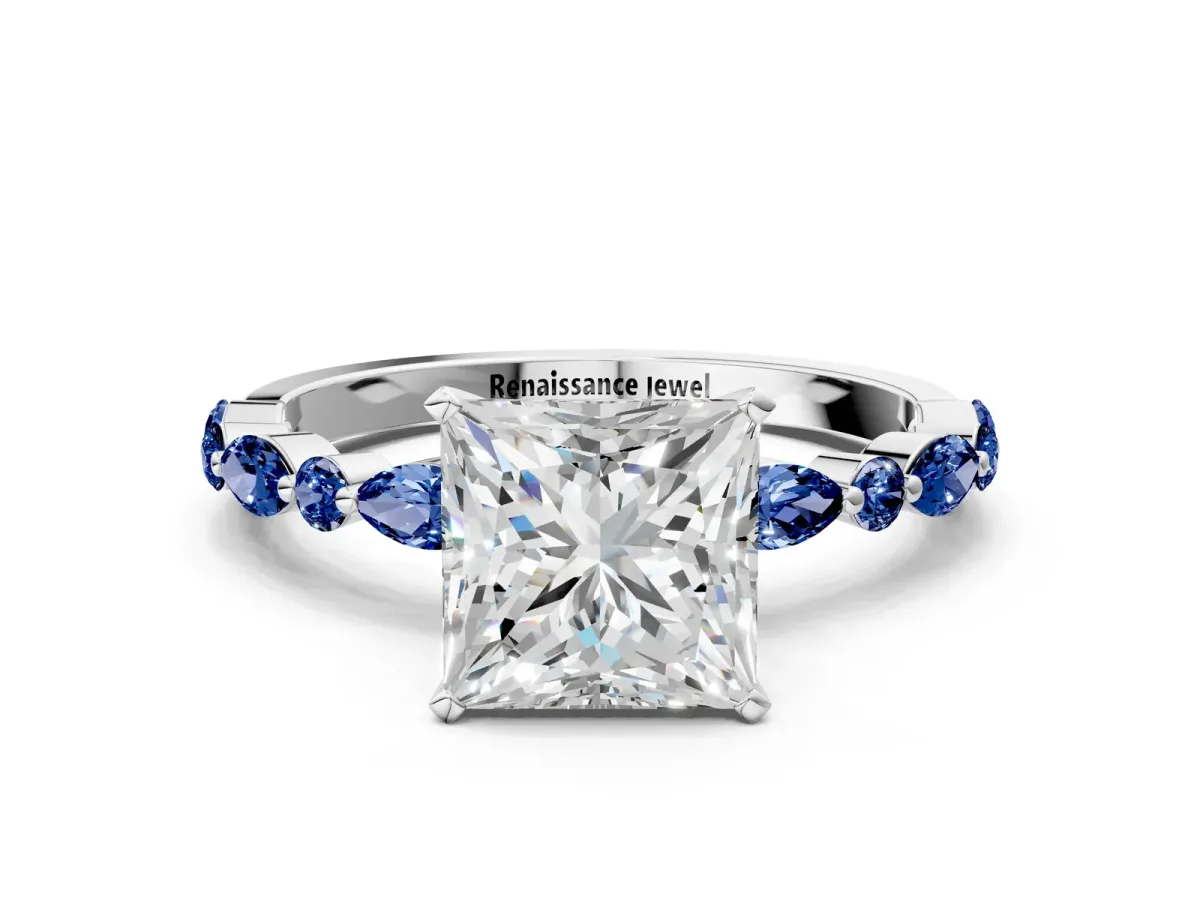 Princess Cut Diamond Ring with Marquise and Round Blue Sapphire Side Stones and Four-Prong Setting White gold