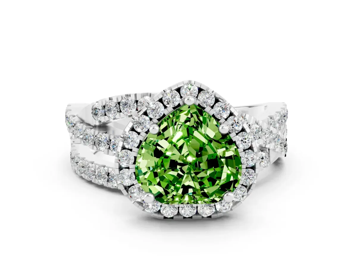Heart Cut Peridot Halo Ring with Round Split Shank and Prong Setting Platinum