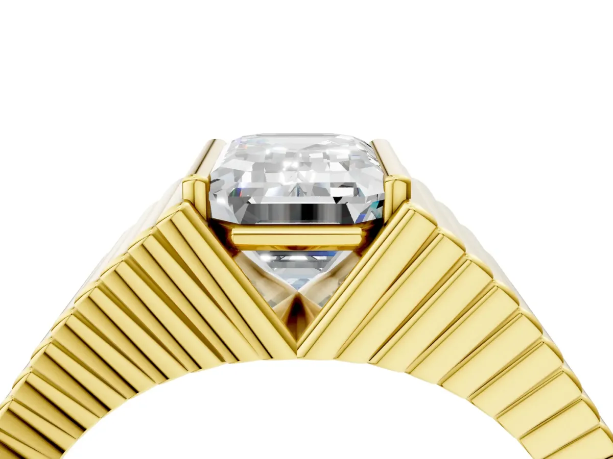 Emerald Cut Diamond Fluted Mens Ring Yellow gold