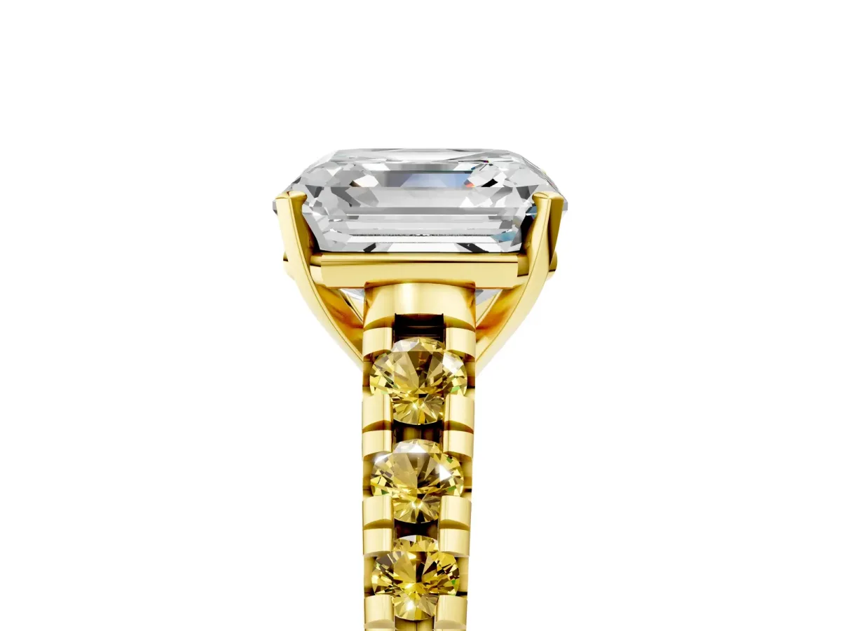 Asscher Cut Diamond Cathedral Solitaire Ring with Round Yellow Sapphire Pavé Band Yellow gold