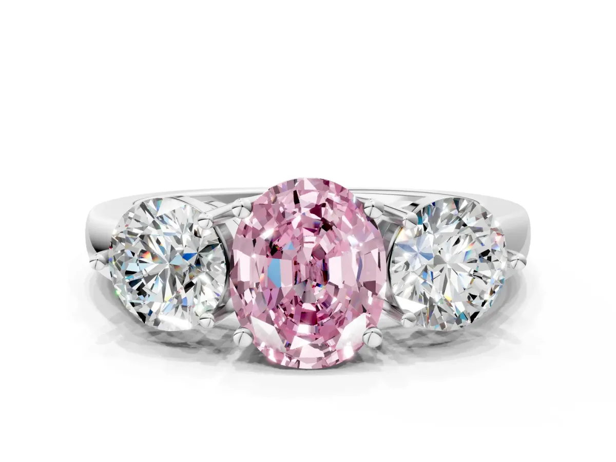 Fancy Pink Oval Cut Diamond Three-Stone Ring with Prong Setting and Classic Band White gold