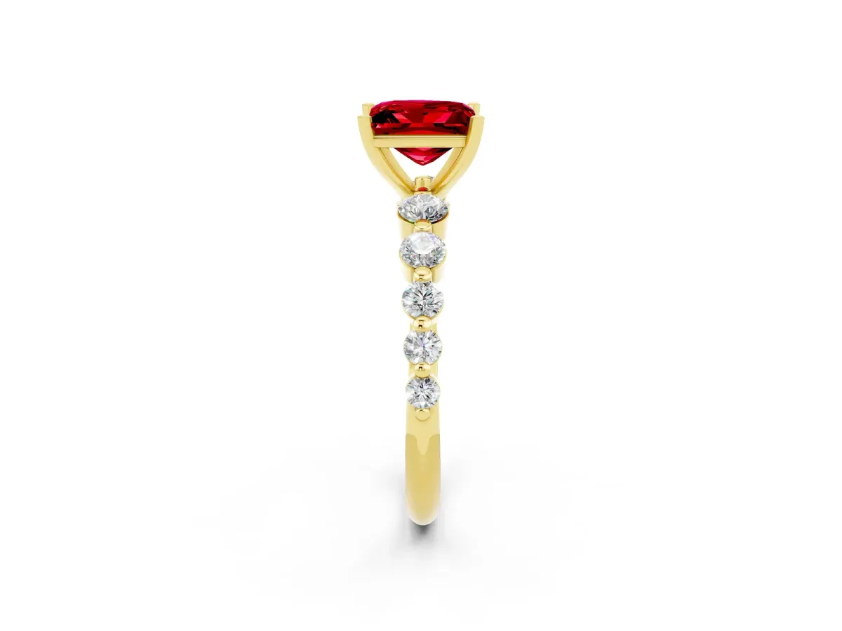 Princess Cut Solitaire Ruby Ring with Pave Band and Four-Prong Setting Yellow gold
