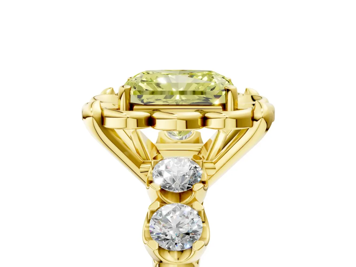 Fancy Yellow Radiant Cut Cut Diamond Floral Halo Engagement Ring with Shared Prong Setting Yellow gold