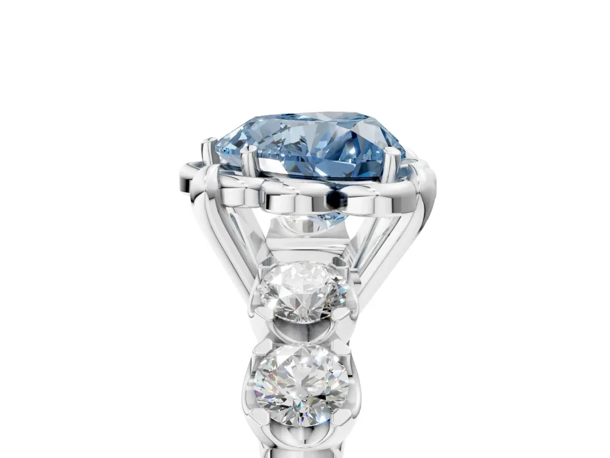 Fancy Blue Heart Cut Cut Diamond Floral Halo Engagement Ring with Shared Prong Setting Silver