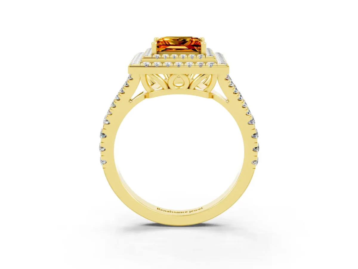 Princess Cut Citrine Double Halo Ring with Pavé Band and Prong Setting Yellow gold