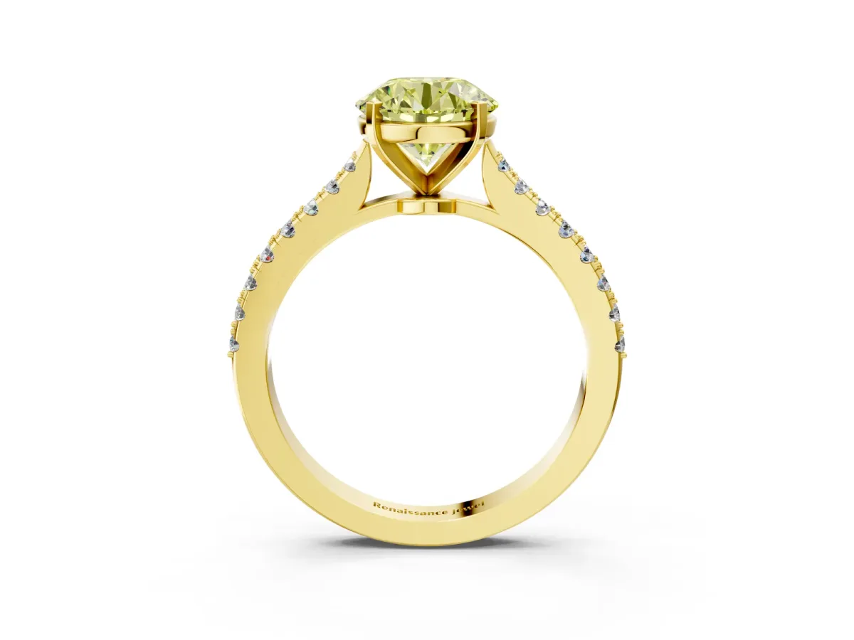 Fancy Yellow Round Cut Cut Solitaire Diamond Engagement Ring with Pave Band and Four-Prong Setting Yellow gold