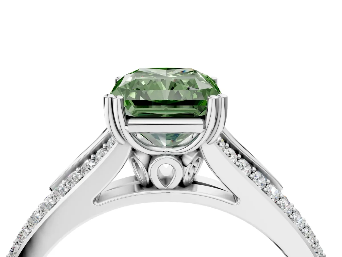 Fancy Green Radiant Cut Diamond Split Shank Engagement Ring with Pavé Band Platinum
