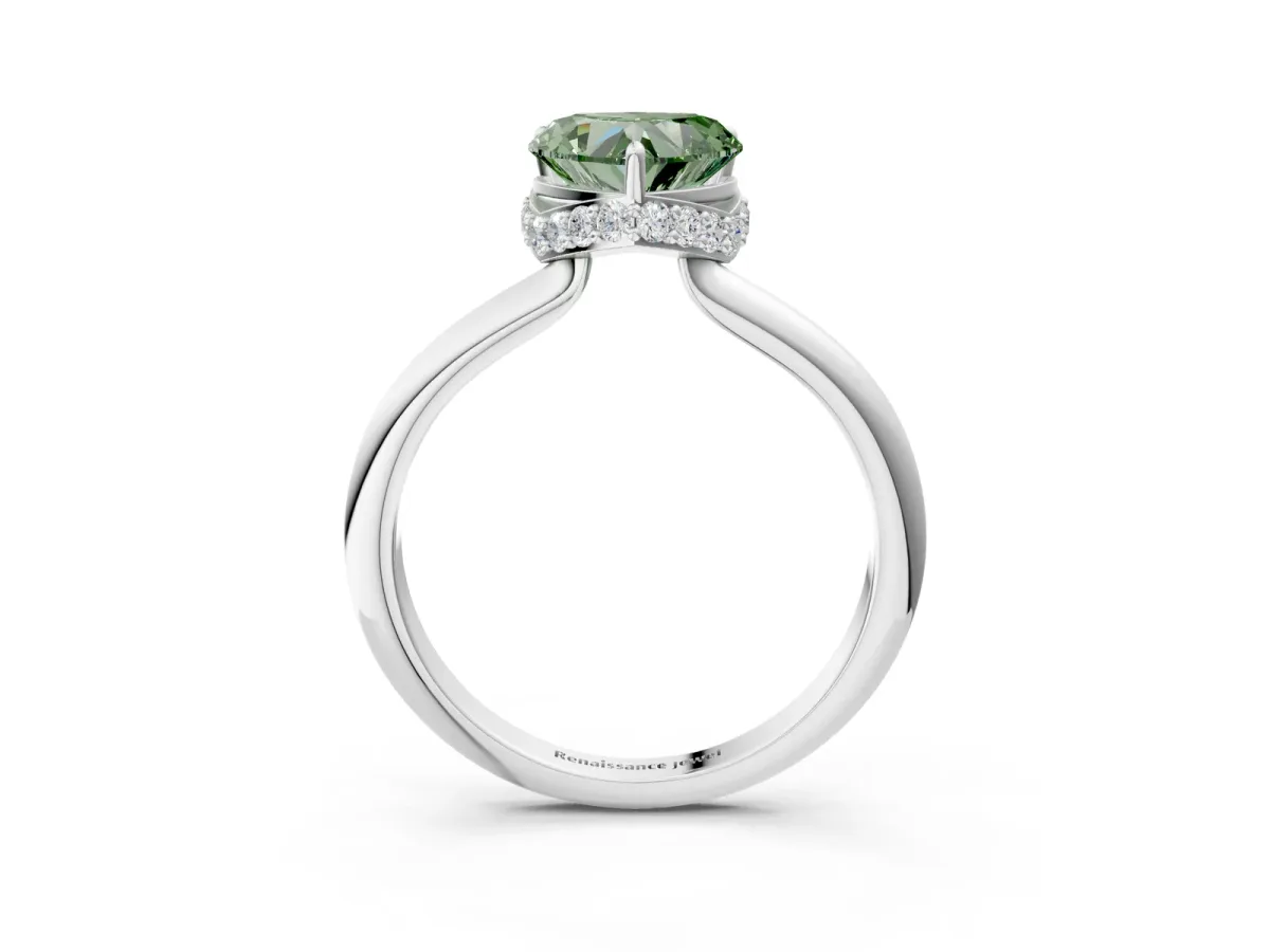 Fancy Green Heart Cut Brilliant Solitaire Engagement Ring with Six-Prong Setting and Classic Band Platinum
