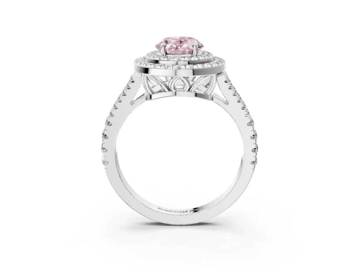Fancy Pink Oval Cut Diamond Double Halo Ring with Pavé Band and Prong Setting Silver