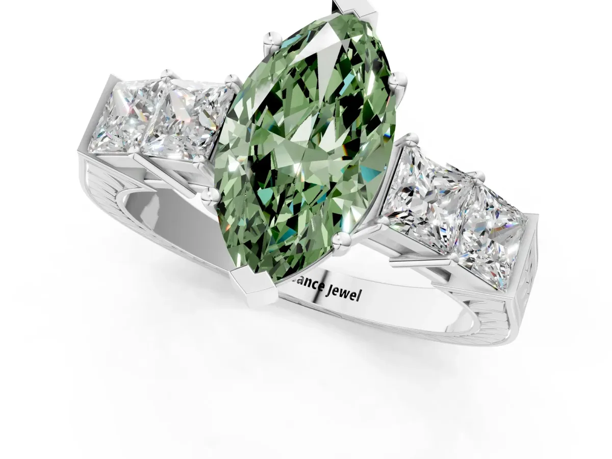 Fancy Green Marquise Cut Solitaire Princess Side Stone Engraved Band Prong Setting Ring Platinum