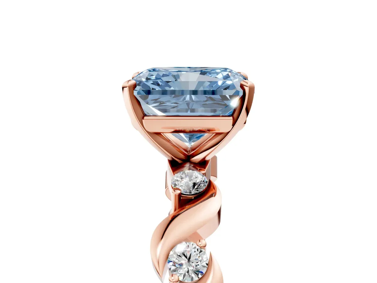 Fancy Blue Radiant Cut Diamond Solitaire Twisted Band with Round Accents and Prong Setting Rose gold