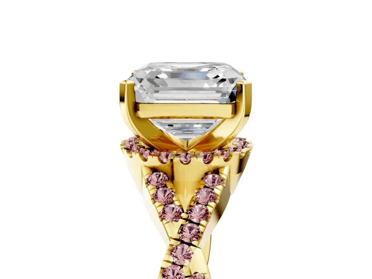Asscher Cut Diamond Morganite Halo Twist Band Solitaire Prong Setting Ring Yellow gold