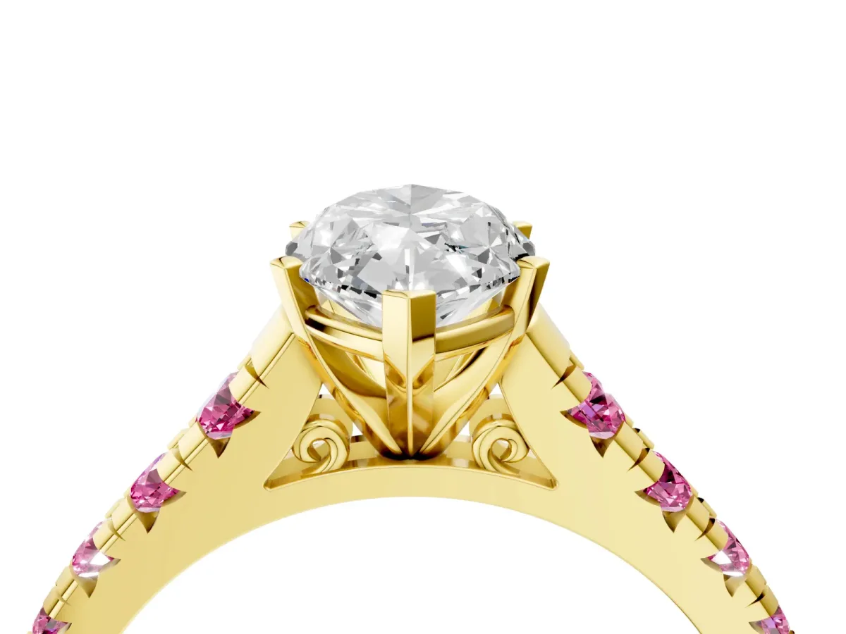 Marquise Cut Diamond Cathedral Solitaire Ring with Round Pink Sapphire Pavé Band Yellow gold
