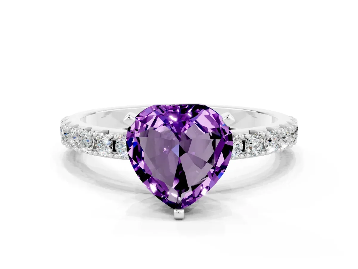 Heart Cut Amethyst Solitaire Pavé Band with Four-Prong Setting White gold