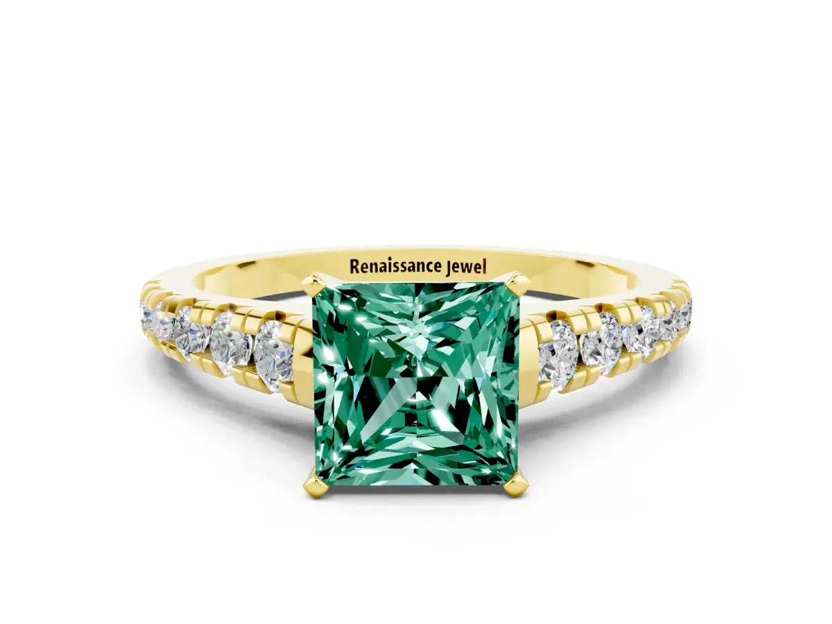 Princess Cut Green Sapphire Cathedral Solitaire Ring with Round Pavé Band Yellow gold