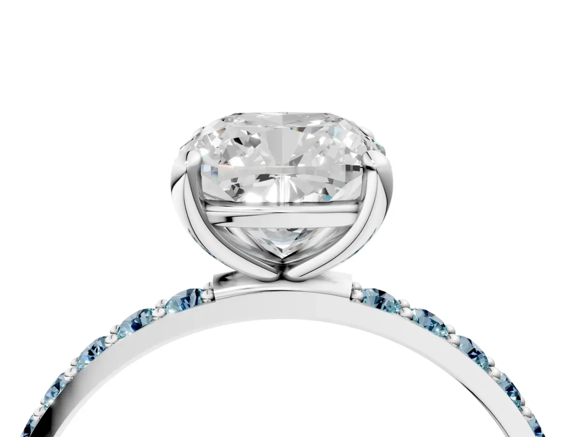 Cushion Cut Diamond Solitaire Ring with Round Aquamarine Pavé Band and Prong Setting White gold