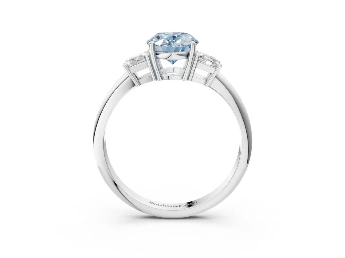 Fancy Blue Oval Cut Diamond Three-Stone Ring with Trapezoid Side Stones and Prong Setting Platinum