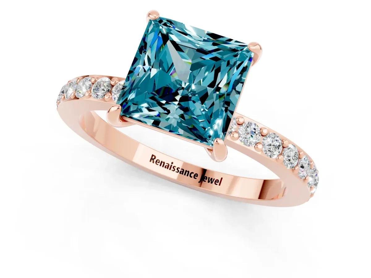 Princess Cut Blue Topaz Solitaire Engagement Ring with Pavé Band and Four-Prong Setting Rose gold