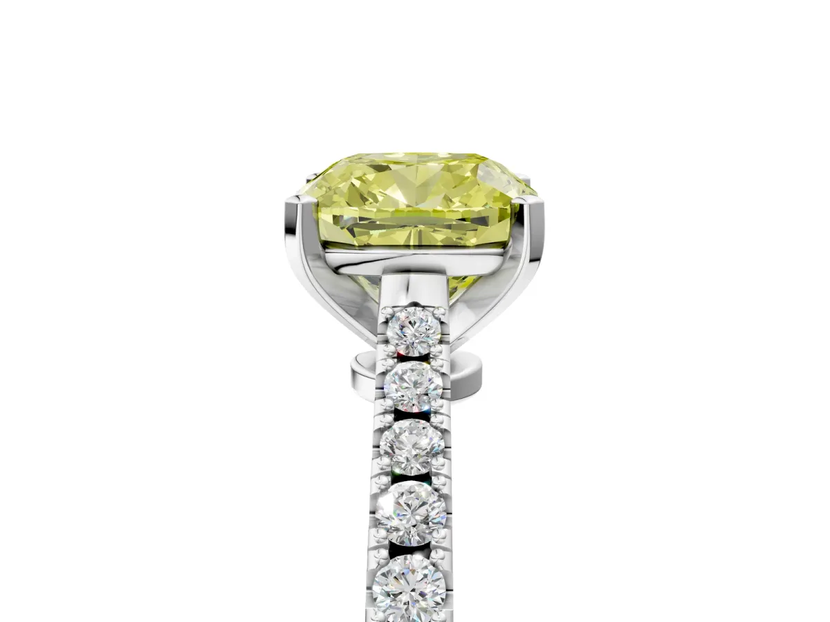 Fancy Yellow Cushion Cut Cut Solitaire Diamond Engagement Ring with Pave Band and Four-Prong Setting White gold