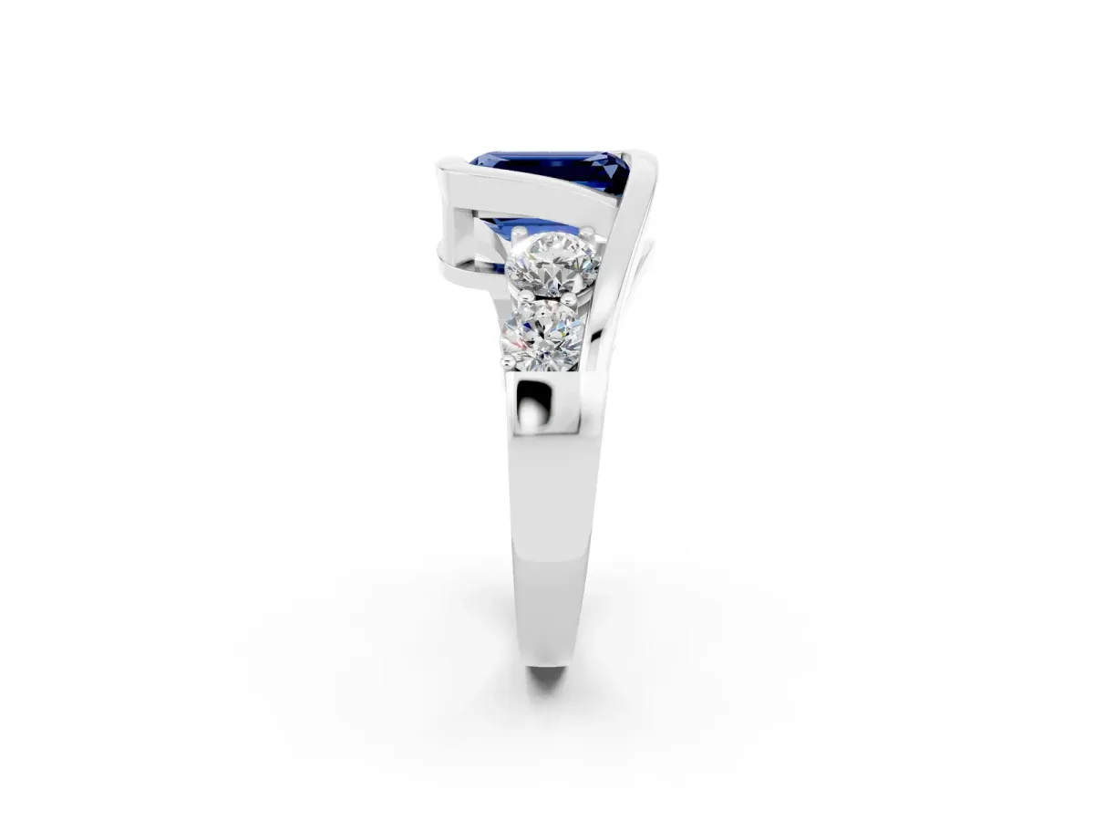Bezel Set Emerald Cut Blue Sapphire Bypass Ring with Round Accents Silver