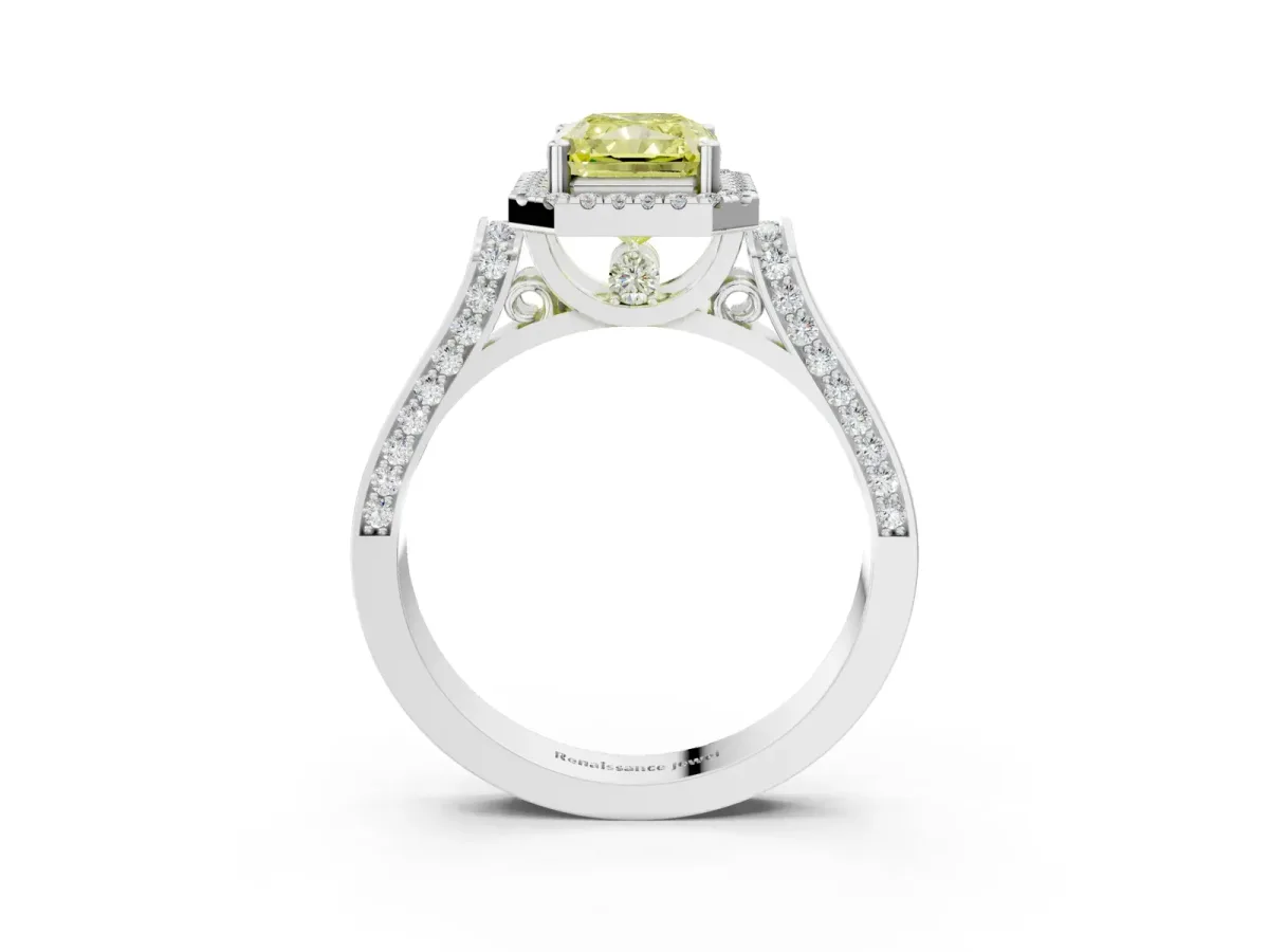 Fancy Yellow Radiant Cut Halo Pave Split Shank Prong Setting Ring Platinum