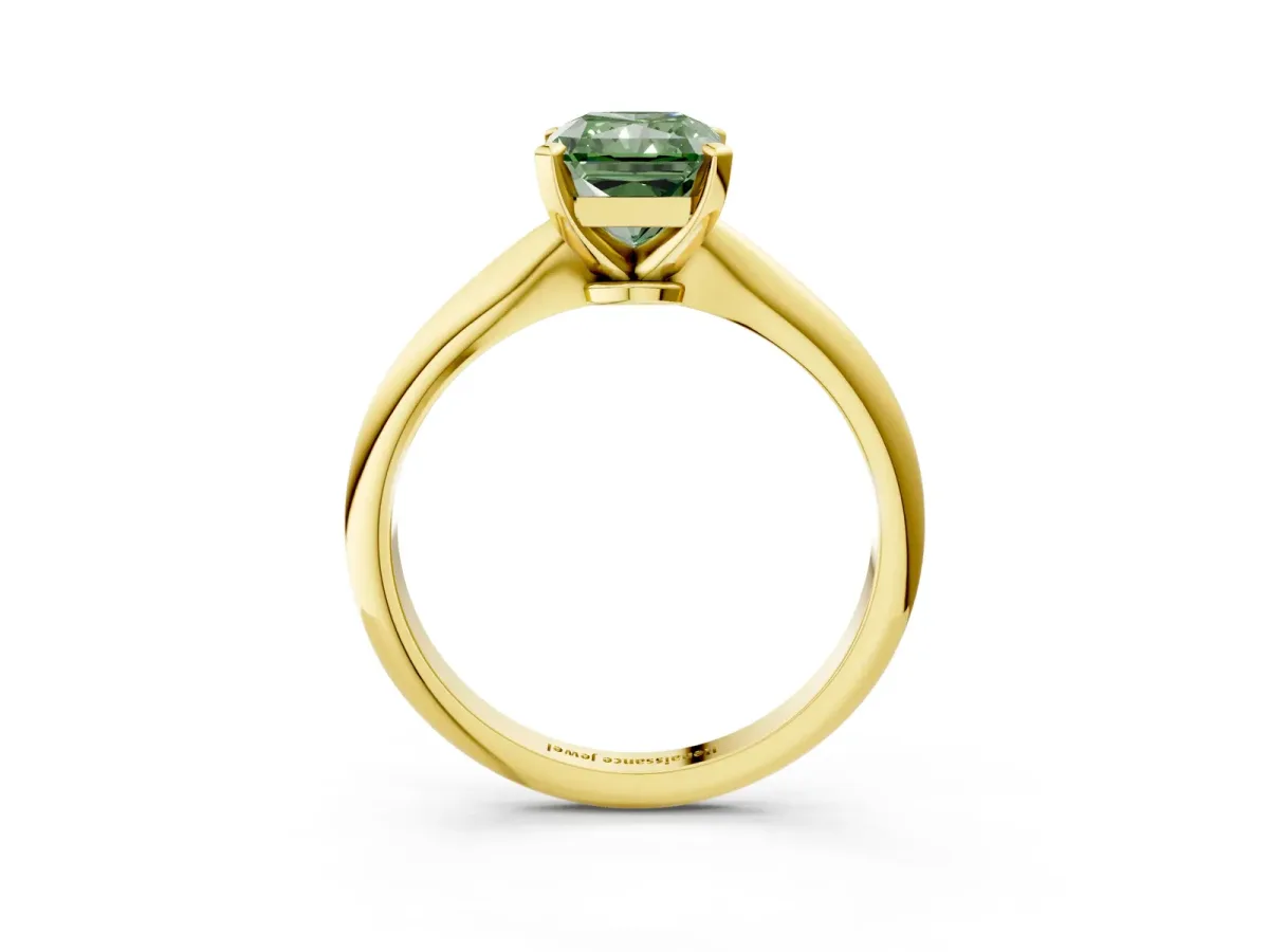 Fancy Green Radiant Cut Diamond Solitaire Engagement Ring with Classic Band and Four-Prong Setting Yellow gold