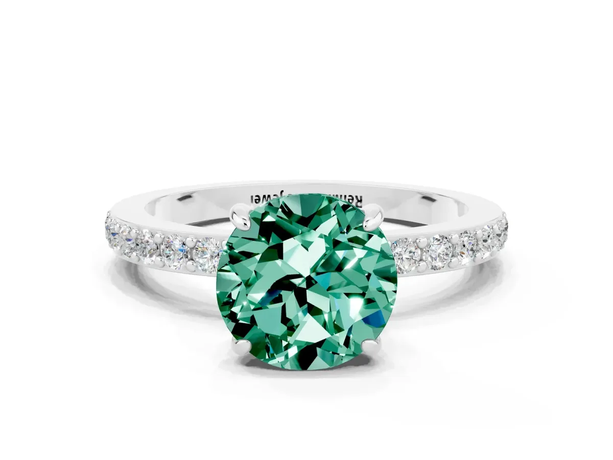 Round Cut Green Sapphire Solitaire Engagement Ring with Pavé Band and Four-Prong Setting White gold