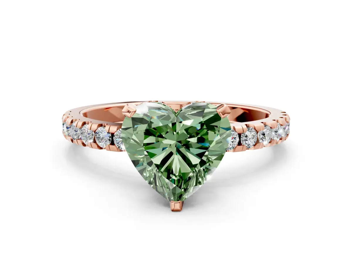 Fancy Green Heart Cut Diamond Solitaire Ring with Round Pavé Band and Four-Prong Setting Rose gold
