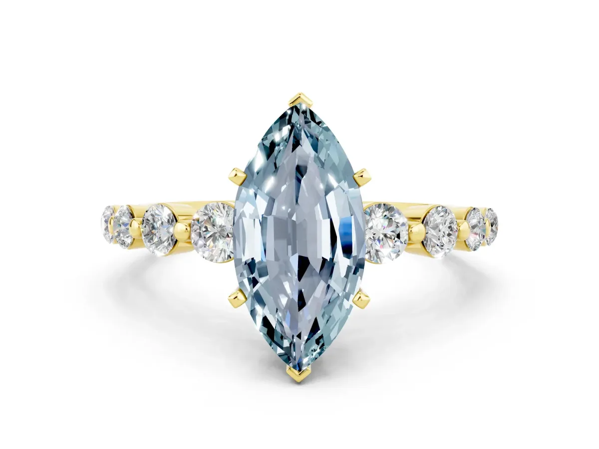 Marquise Cut Solitaire Aquamarine Ring with Pave Band and Four-Prong Setting Yellow gold