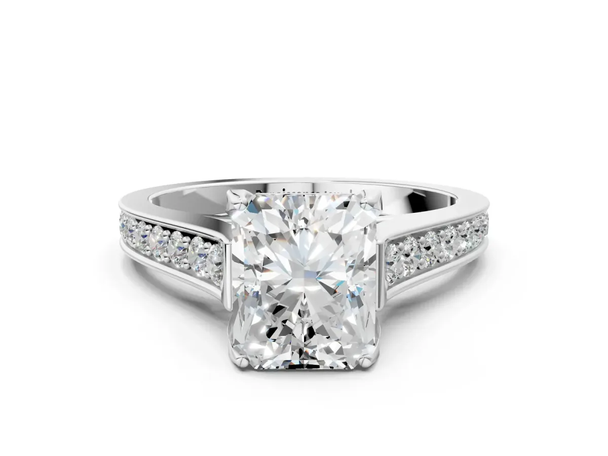 Radiant Cut Brilliant Cut Diamond Engagement Ring with Pavé Band and Four-Prong Setting Platinum