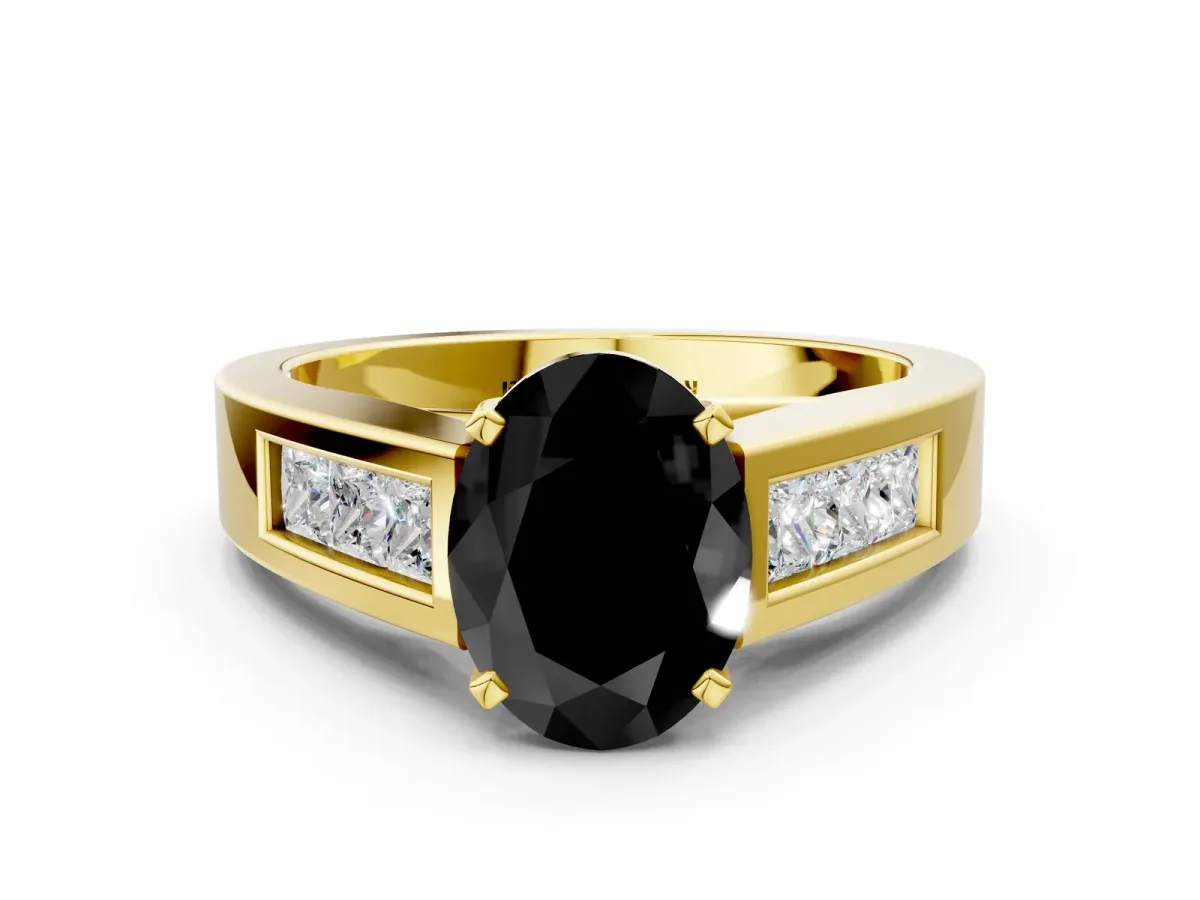 Fancy Black Oval Cut Cut Channel Set Solitaire Ring with Four-Prong Setting Yellow gold