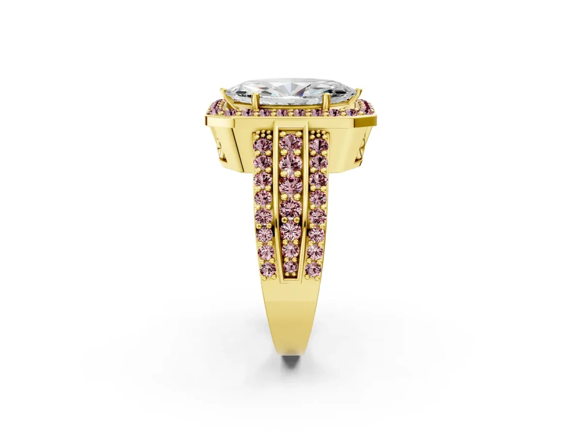 Marquise Cut Halo Diamond Ring with Round Morganite Split Shank and Prong Setting Yellow gold