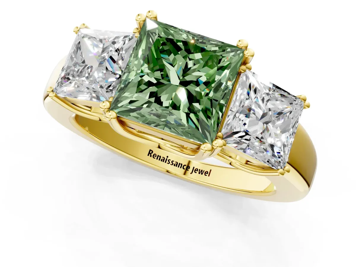 Fancy Green Three-Stone Princess Cut Cut Diamond Ring with Channel Set Band and Four-Prong Setting Yellow gold